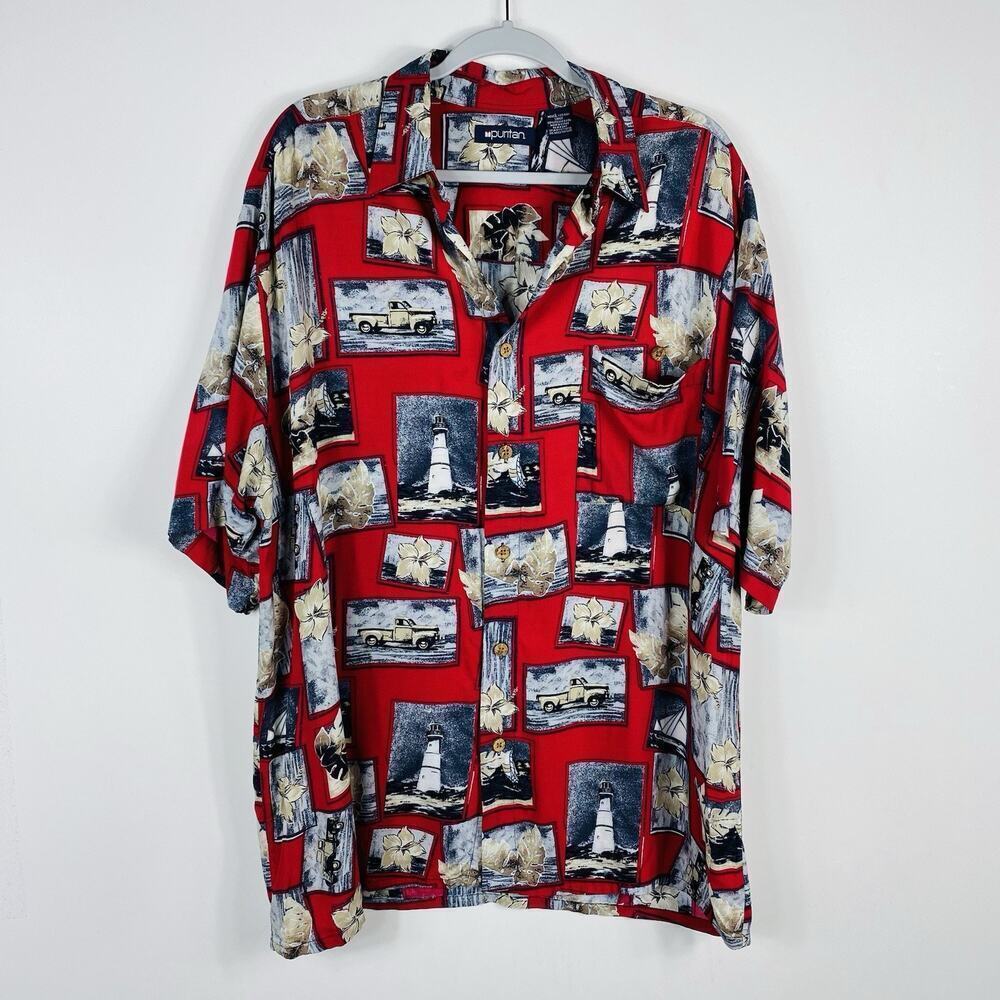 Puritan Size Large Printed Short Sleeve Button Shirt Red Cars Coastal Vacation